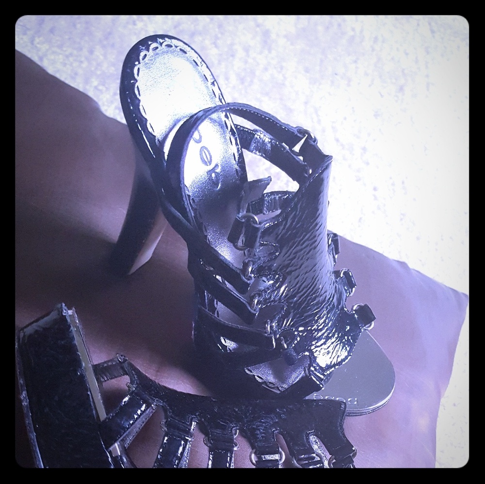 Beautiful Black Patent Bebe Strap Sandal